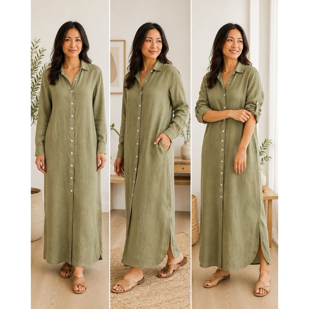 Zara Linen Maxi Dress Green Lagenlook Button Resort Pockets Splits RollTab Small